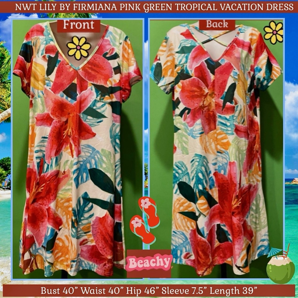 NWT L/XL LILY BY FIRMIANA TROPICAL COASTAL VACATION FUN DRESS PINK GREEN FLORAL